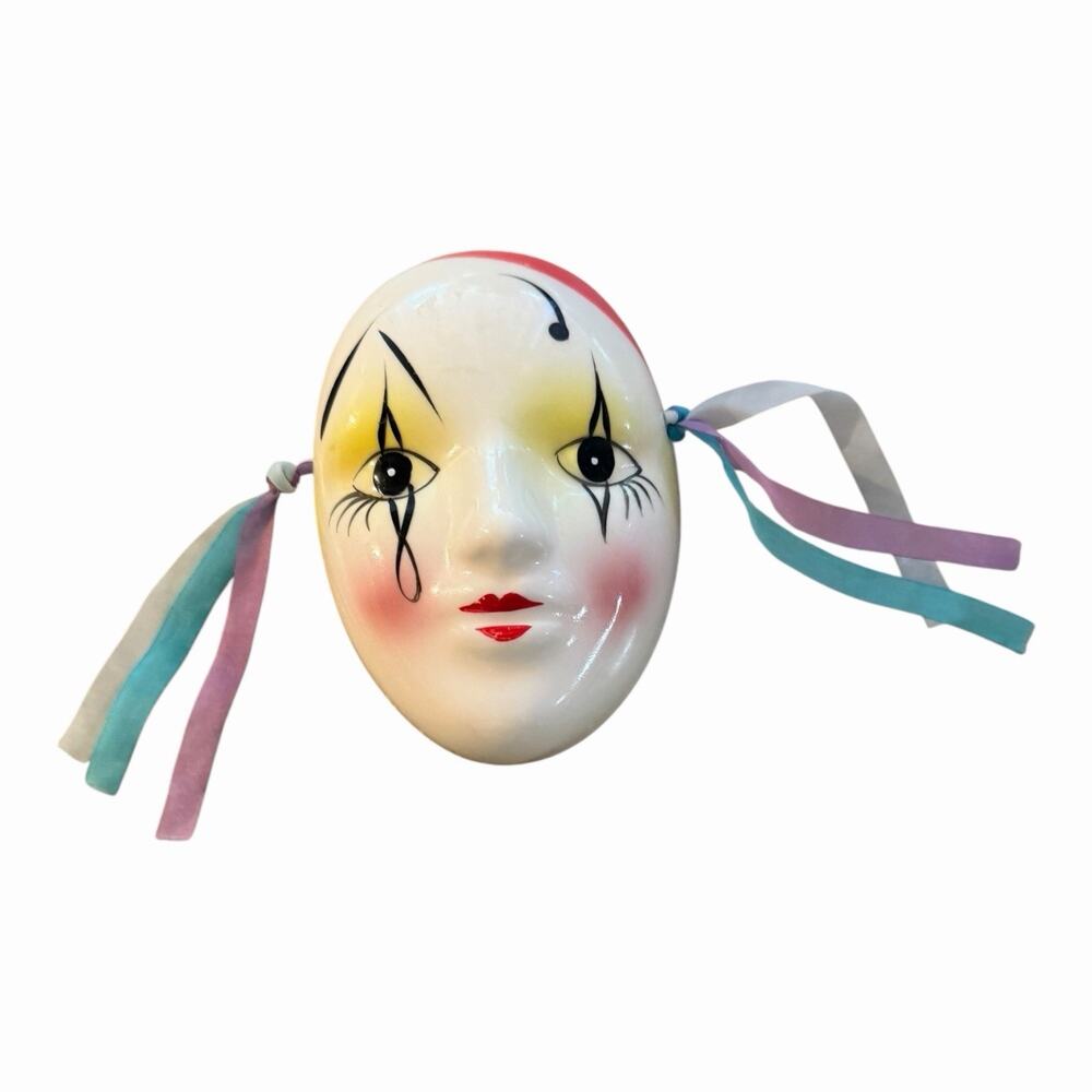 Vintage Porcelain Hand Painted Deco Masquerade Clown Mime Mask Mardi‎ Gras Pink